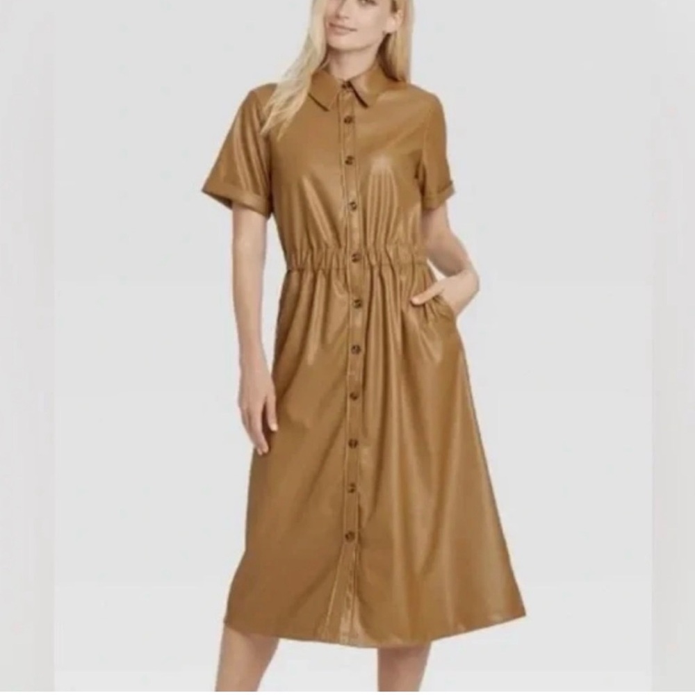 Who What Wear Tan Vegan Leather, Button-Front Midi Dress